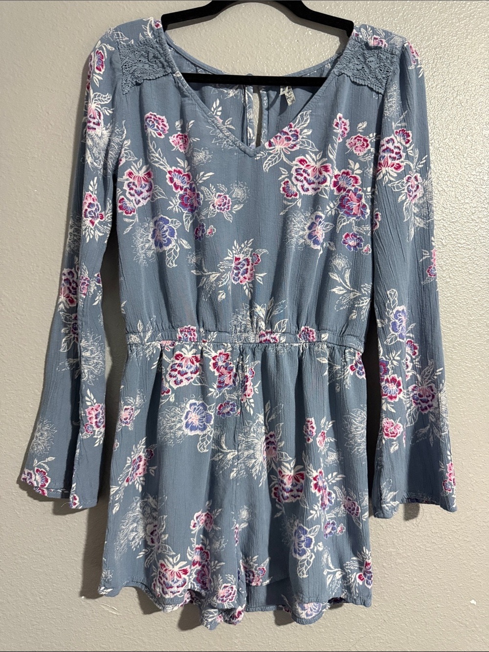 Mudd Dusty Blue Floral Long-Sleeve Romper with Lace Shoulders